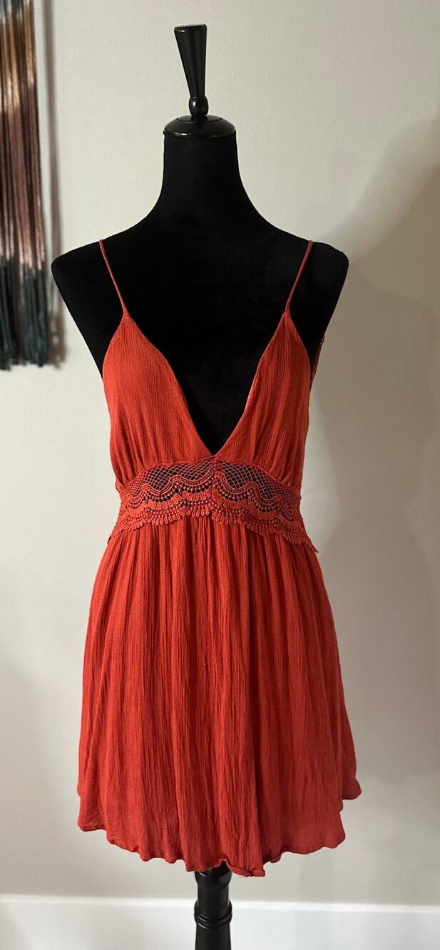 LULUS Backless Lace Detail V Neck Mini Dress in Rust Orange Size XL